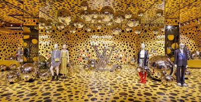 Louis Vuitton’s collaboration with Yayoi Kusama herself officially launched in January 2023 and included an immersive pop-up experience. The luxury fashion house took over two spaces in the Meatpacking District and SoHo neighborhoods to invite the city into the artist's trippy, colorful world. In one space, mirrored walls played up the bold, psychedelic design, which included a bevy of 3D mirror balls inspired by Kusama's famous 'Infinity Mirrors' art exhibit and book.