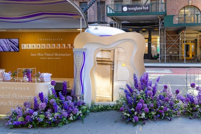 The exterior boasted a bar where guests could redeem their shade-matching cards for samples, a custom mirror with a life-size product prop for photo moments, and large floral installations. Chantecaille's global makeup ambassadors were on hand to offer shade matching and distribute samples.