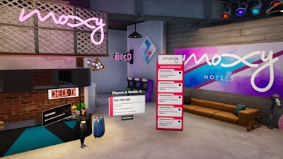 At each space, a virtual concierge greets guests, asking if they want to check in to a guest room or unlock the hotel’s mini-game. Each of the four mini-games is tied to the different brands’ overall personalities. At the playful Moxy hotel, for example, players challenge each other with a prop hunt, having one player transform into items such as flamingos or bananas while the other player tries to expose their disguise.