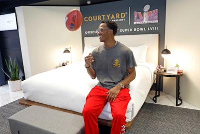 Courtyard activated its annual Super Bowl Sleepover program at Allegiant Stadium in February. The brand partnered with Atlanta Falcons running back Bijan Robinson, New York Jets wide receiver Garrett Wilson, and content creator Katie Feeney to unveil the activation.