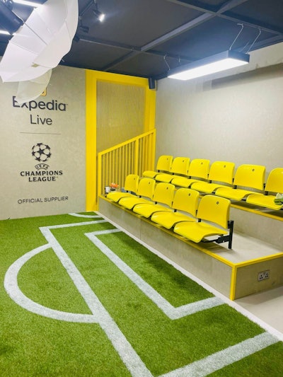 The space was designed to re-create the moment fans arrive at the UEFA Champions League final, with bright yellow stadium seats perfect for group team photos. It also featured a rooftop studio and viewing platform, plus an appearance by former footballer and London local Joe Cole, who partnered with Expedia to release his top travel recommendations for London.