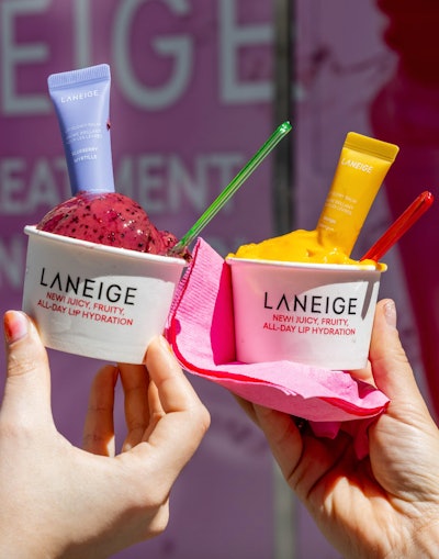 Beyond water, ice cream carts, popsicle stands, and frozen yogurt bars are crowd-pleasers that not only cool guests down but also add a fun element to the event. Take this recent example from the launch of Laneige's new summer lip mask flavor, Watermelon Pop: The brand tapped Food Truck Promotions to create a branded ice cream cart offering refreshing sorbet in three flavors: mango, blueberry, and watermelon.