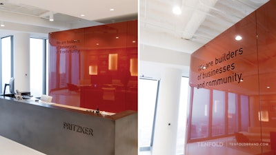 Experiential design elements elsewhere throughout Pritzker's office also boast storytelling moments. With this backdrop of the company's front desk, for example, TENFOLD etched 'We are builders of businesses and community.'