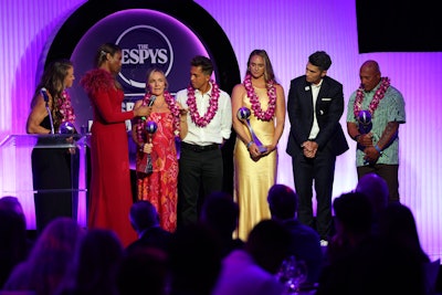 This year, Kai Lenny and Archie Kalepa accepted the Muhammad Ali Sports Humanitarian Award on behalf of the entire Maui surf community for their recovery efforts after the devastating wildfires that impacted Maui, Hawaii.