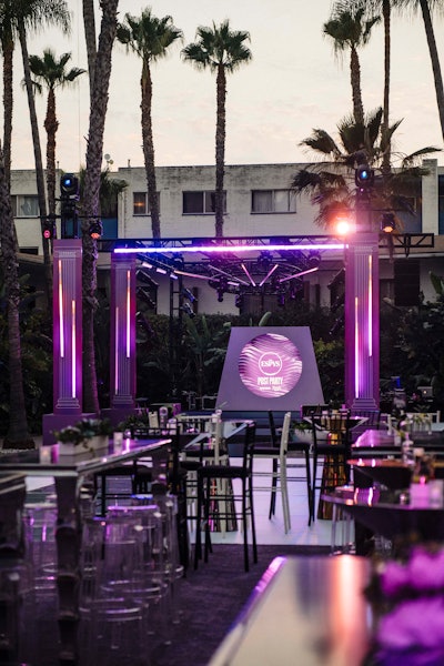 The '60s-style historic pool of the hotel was covered by 3,200 square feet of sustainable material to create a footprint for a dance floor and elevated lounge seating.