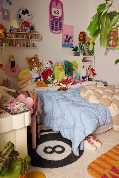 From a posse of stuffed animals to a rug with a Magic 8 Ball, the Plushie Playground reflected multidisciplinary artist Anya Tisdale’s playful, young-at-heart aesthetic. The space also channeled two Pinterest trends: crochet stuffies and bohemian maximalist decor. “Inspired by my love (and honestly obsession) of little trinkets, cozy maximalism, and curated clutter, this space is like a slice of my brain in interior design form,” Tisdale wrote on Instagram.