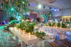 Fairmont Chicago was draped in shades of green via live plants and colored furnishings for the 2017 Pantone Color of the Year event, where Kehoe Designs helmed the event's design. Running with a greenery theme—Pantone's then-color of the year—the event design team incorporated appropriately colored products from the client's product line, such as green mop heads, which were used to form the oversized, makeshift weeping willow trees. Working with sister company Floral Exhibits, the team aimed to make it appear as if living plants were growing right out of the tables themselves.