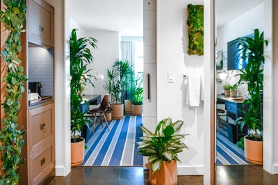 In a fun twist on wellness, Canopy by Hilton Bethesda North launched the “Green Room” in 2022, a new plant-filled space designed to help guests feel relaxed and renewed. The Green Room was separated into four vignettes, each designed to reduce stress, boost productivity, improve moods, and freshen the air. Next to the coffee bar, for example, an herbal garden featured antioxidant-rich herbs like rosemary, sage, and basil, which were ready to be trimmed and added to tea or cocktails. Anchored to the headboard, meanwhile, were air plants, and on the nightstand, lavender intended to offer a restful environment for sleep. Moisture-absorbing moss and hanging vines decorated the bathroom, while eucalyptus hung from the shower. The hotel partnered with plant and flower studio REWILD to create the room; REWILD also led a series of educational workshops for guests.