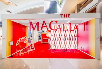 The vibrant pop-up combines textures and materials inspired by Carson’s collages. These were influenced by Jerez, a historic region in Spain known for its vineyards and fine wines, where The Macallan’s sherry-seasoned oak casks are crafted. Visitors are greeted by a suspended Macallan logo and a gallery wall showcasing Carson’s artwork, all based on The Macallan’s refreshed visual identity, which draws inspiration from the River Spey’s curves around The Macallan Estate.