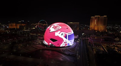 For Super Bowl LVIII in 2024, NFL teamed up with Sphere Entertainment Co. to create custom Super Bowl LVIII content, created exclusively by Sphere Studios, on the Sphere’s fully programmable LED exterior. The content was displayed throughout the week and included Chiefs and 49ers helmets, a Patrick Mahomes MVP display, and more.