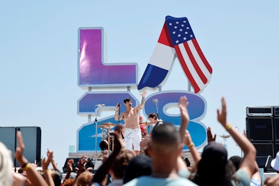 The Red Hot Chili Peppers also performed in front of the LA28 logo, which incorporated French and American flags as a nod to the handover.