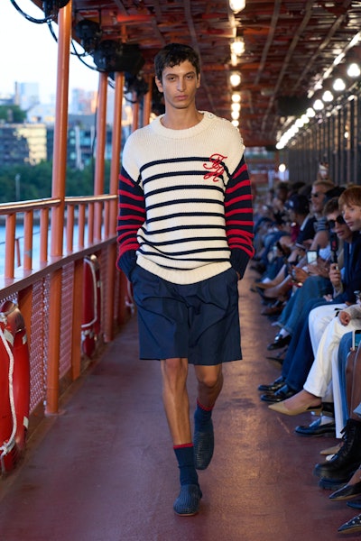 Docked at Pier 17 at the South Street Seaport, the ferry served as the ideal spot for the designer’s preppy, nautical-inspired looks.