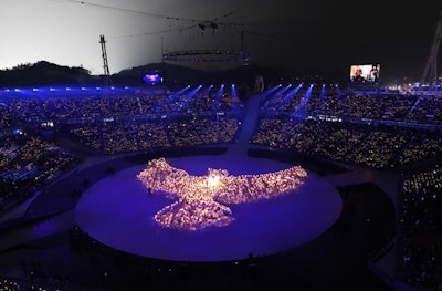 At the opening ceremony of the 23rd Winter Olympics in Pyeongchang, South Korea, in 2018, participants formed a dove of peace with 1,270 LED candles while street artists sang John Lennon's 'Imagine.' See more: Rating the Pyeongchang Olympics: Event Producers Give Opening Ceremony a B+