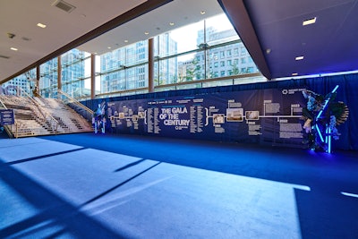 The main reception space featured a 30-foot, backlit step-and-repeat featuring Sinai’s timeline and milestones over the 100 years. Decor, lighting, and furnishings were all anchored in Mount Sinai's signature blue branding.