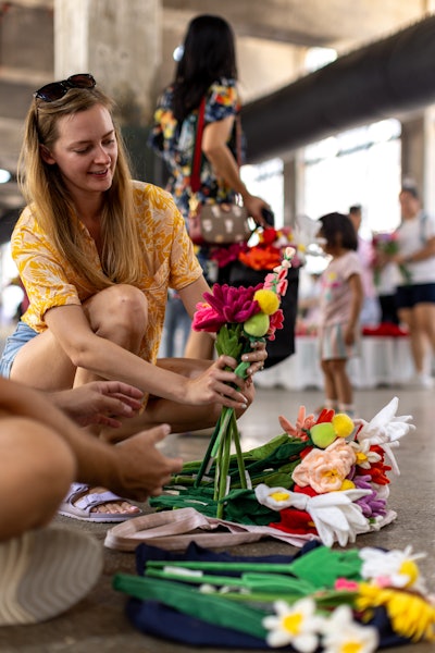 Hendry's 'flowers' are made of metal and wiring covered with a soft, plush material. The installation was a partnership with Japanese beauty brand Clé de Peau Beauté.
