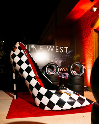 Before entering Austin's Superstition nightclub for Circuit Series, guests were invited to enjoy a photo op courtesy of Nine West that put its race-inspired shoe—a black-and-white-checkered stiletto—on full display.