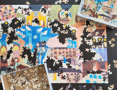 Brooklyn-based contemporary art puzzle company Kinstler just launched a new series that features paintings from artists Sarah Cain, Kyle Staver, Lauren dela Roche (pictured), and Devan Shimoyama ($25 each).