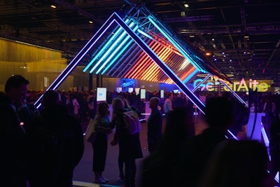 “We designed bespoke iconography featuring five distinct shapes signaling these worlds,” said Rovegno. “This came to life through eye-catching graphics and large-scale, kinetic, color-coded LED chandelier sculptures suspended in the air. The sculptures dramatically descended into the keynote room and the worlds to punctuate key moments and provide visual wayfinding landmarks across the grounds.”