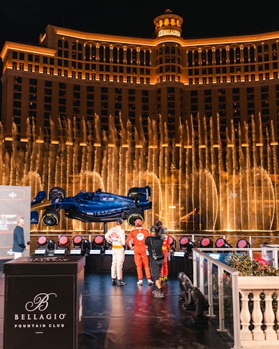 As the race came to a finish, four-time world champion Max Verstappen, Las Vegas Grand Prix winner George Russell, P2 Lewis Hamilton, and P3 Carlos Sainz all headed to the Las Vegas Grand Prix Winner's Stage at Bellagio Fountain Club to celebrate their wins as the race logo and the drivers’ images were projected onto the Fountains of Bellagio and fireworks filled the sky.