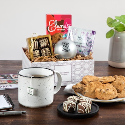 Packed with Purpose’s Purposeful Swag gift basket ($49.99) features a brandable campfire stoneware mug, tea, crispy chocolate chip cookies, chocolate meltaways, and a squishable stress ball. This package supports causes such as employment for individuals with disabilities, job training for veterans, and cancer community wellness programs. Add a logo to the mug for $5.99. (A minimum order quantity of 20 and a $175 setup fee apply.)