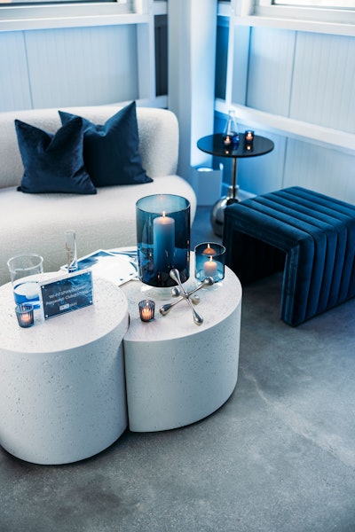 The Sterling Social team also wanted to bring PCA Skin’s focus on scientific formulas to life through the decor. This included using beakers filled with brand-blue water, decorative lab instruments, and molecular-shaped objects placed throughout the event.