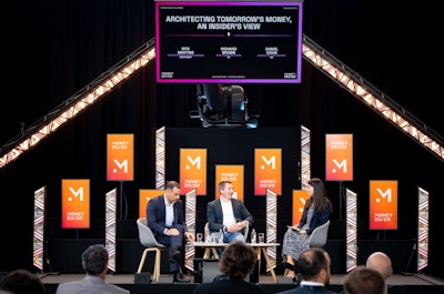 A giant industrial robot arm at the Summits Stage was rigged with a large screen, and the team created video content that transitioned between a mountain and a billowing flag at the summit and a giant eye that roamed and probed the audience during the intervals.