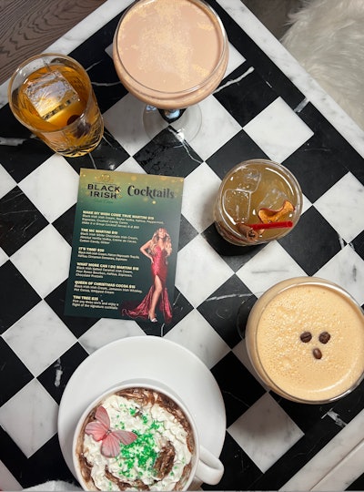 Locations serve a variety of cocktails made with Black Irish liqueur, including a cocoa coffee topped with edible butterflies, and a signature espresso martini.