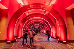 One challenge the VDA team had to overcome was the splitting up of the conference's trade show floor, aka the HUB, into two ballrooms. This arch tunnel—meant to evoke how the modular CrowdStrike platform operates—connected the two sides. 'It was probably the most photographed thing from the whole show,' Breen says. 'That was a super successful way of connecting the two halves of the HUB, and making CrowdStrike's platform the core focus of that connection.'