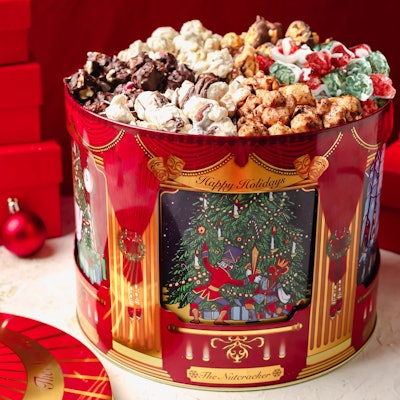 Bonnie & Pop’s Musical Holiday Popcorn Carousel ($59.99) is stocked with six gourmet popcorn flavors (Dark Chocolate Peppermint Popcorn Clusters, Sea Salt Hot Cocoa Popcorn, Chocolate Candy Crunch Popcorn, Peanut Butter Cup Chocolate Popcorn Clusters, White Chocolate Gingerbread Crunch Popcorn, and Red & Green Caramel Popcorn Clusters). Plus, it spins as it serenades you with Christmas carols.
