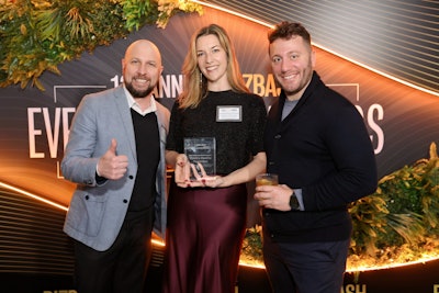 Event profs from Cheerful Twentyfirst pose with their award, Best Cannes Lions Brand Activation, for their work on Stagwell’s Sport Beach. See our coverage here.