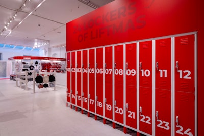 A locker-themed advent calendar served as a giveaway station; there was also a gift-wrapping station.