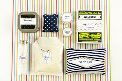 To help soothe any impending colds in the chilly holiday season, planners can send guests home with the Seasonal Care Kit from Gifts for the Good Life. The winter survival pack contains hand warmers, lip balm, tissue covers, tub tea, wellness patches, and more, all with customizable labels.