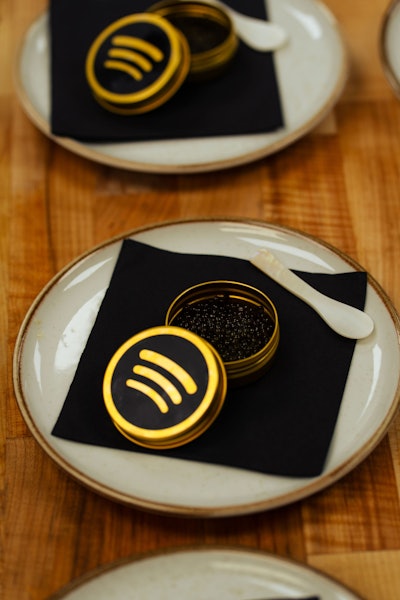 At dinner, guests received a Spotify-branded caviar tin.
