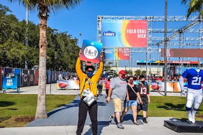 In-person fan activations were still in the mix, though. The NFL's Super Bowl Experience Presented by Lowe's returned along the Tampa Riverwalk. At the interactive football theme park, fans had the opportunity to virtually meet current NFL players and legends (instead of the usual in-person autograph signings), participate in games, and shop merch from the NFL Shop presented by Visa. The experience also included a 40-yard dash and vertical jump against NFL players on LED screens and a Super Bowl rings display. Read the full 2021 recap: 12 Super Bowl LV Brand Activations You Might Have Missed