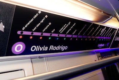 Every element of the subway nodded to the LinkBuds x Olivia Rodrigo partnership—including the stop list, which replaced destinations with the track list for GUTS.