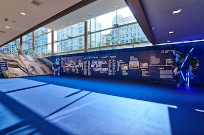 The main reception space also featured a 30-foot backlit step-and-repeat featuring Sinai’s timeline and milestones over the 100 years. Decor, lighting, and furnishings were all anchored in Mount Sinai's signature blue branding.
