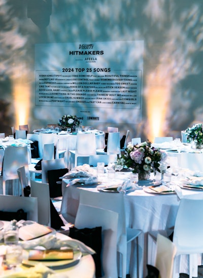 Signage on the walls highlighted the top 25 songs of 2024. The event honored rising stars like Shaboozey, Benson Boone, Doechii, Daniel Nigro, and Amy Allen, along with veteran producer Jack Antonoff, who was named producer of the decade.