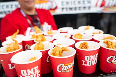 Raising Cane's served between 3,000 and 4,000 chicken fingers each day and offered fans a chance to spin the wheel for branded prizes, from bracelets to luggage tags.