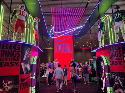 Fans could purchase official Super Bowl merch at Nike's eye-catching retail pop-up inside the Super Bowl Experience, a collaboration with Fanatics and Brand Activation Services.