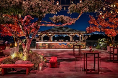 The post-party was held on the museum's Dolby Terrace, another blank-canvas space. Event Eleven built three 30-foot pagodas and hung 300 lanterns from the ceiling. They also brought in a 20-foot-tall bonsai tree and a variety of 30-foot red maples, along with other greenery and foliage, to create a gardenlike setting. See more: How This Jaw-Dropping Event Design Transported Guests Into the World of FX's Latest Series