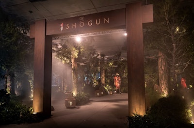 The February 2024 premiere event for FX’s Shōgun took place at the Academy Museum in Los Angeles, where designer and producer Event Eleven aimed to immerse guests in Japan in the year 1600. When guests first arrived, they encountered an immersive forest that had been built in the Academy Museum's exterior terrace—a space that's typically a raw, blank canvas. Guests entered the event through the lush forest setting, where they encountered original costumes from the show. The series' score was playing through hidden speakers to further the immersive feel.
