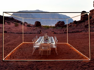 Jordanian fashion designer Nafsika Skourti took the concept of dining alfresco to a new level in 2019, thanks to her art installation-slash-temporary venue called “The Invisible Room.” Her goal was to create an invisible structure in the midst of Wadi Rum, Jordan's natural landscape—one that was only discernible when it was illuminated.