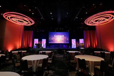For the education session with Visa's Victoria Gutowski and Tinsel Experiential Design's Erica Taylor Haskins—sponsored by Turning Stone Resort Casino—tables were set up in small rounds, instead of more traditional theater-style seating. 'Instead of a typical education session, we designed time for a networking happy hour break before attendees enjoyed the speakers,' says Erica Miller, events manager at Connect. 'We wanted to create a more laid-back, relaxed feel.'