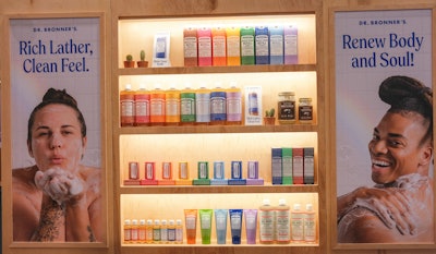 Dr. Bronner’s updated the product labels for its Pure-Castile liquid and bar soaps, which were on display. The new Magic Soap labels improve legibility and offer guidance on product usage.