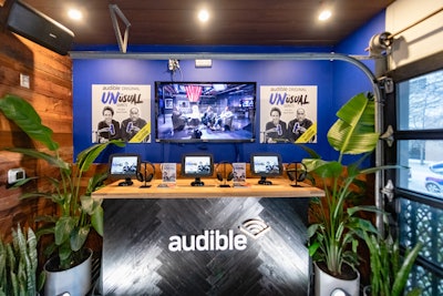 At the Audible Listening Bar, guests grabbed headphones to listen to excerpts from the latest Audible Original podcast, The Unusual Suspects with Kenya Barris and Malcolm Gladwell (who also recorded a live episode with Brene Brown at the convention center). Presenting sponsor Canva helped people discover their brand ID and take home a custom-made hat. Both events tapped ASA for stage builds, Loot and Strong Events for furniture, Thriving Botanicals for florals, ILIOS Production Design for lighting and visuals, Nomad Sound, and Corporate AV for livestreaming.