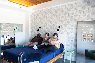 At Big Fig’s “More Room to Relax Activation,” the mattress store demoed its king-sized mattress in the Wythe’s seventh-floor loft hotel room overlooking Manhattan. Guests were invited to try out the mattress using prompts that inspired intimate conversations about positive body affirmations and self-love, Newman explained.