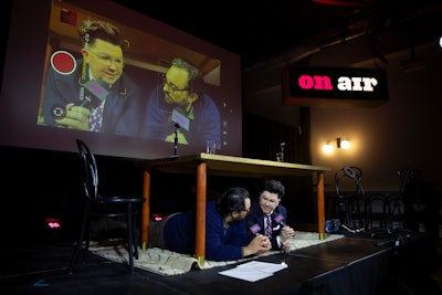 Most of the live programming took place at the fest's HQ, Wythe Hotel. (Pictured: Brian Reed, left, and V Spehar, right, during a session titled 'Question Everything Live: Taking on Trad Media.')