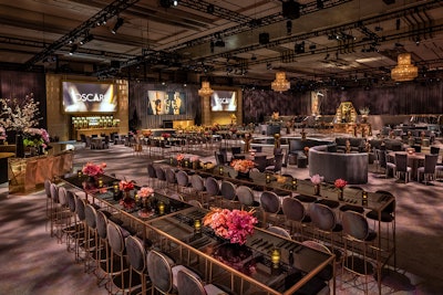 A long list of vendor partners was needed to pull off the event. AV, lighting, and video was handled by ShowPro Inc.; drapery came from Dazian and Daryl Latter Design; and overall event rentals came from Bright Event Rentals. Event Carpet Pros Inc. handled carpeting, Fourth Dimension Events handled graphics, Lux Lounge handled custom furniture event rentals, and Resource One handled custom linens.