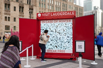 At the front of the footprint, a digital screen was embedded with motion-capture sensors. Once hit, the screen displayed a shattering animation and turned transparent to reveal a glimpse of the bright, inviting scenes of Greater Fort Lauderdale awaiting inside the shipping container.