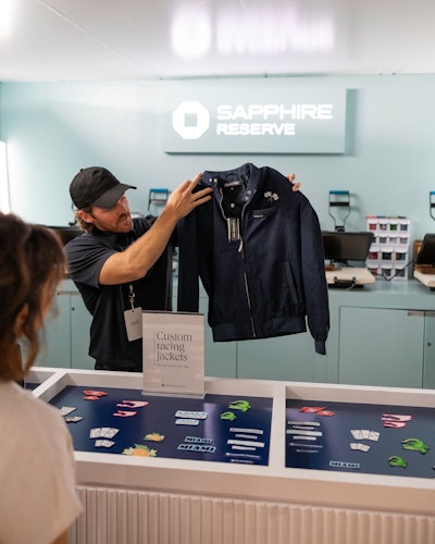 Chase Sapphire Reserve partnered with Members Only to gift and custom-fit cardmembers with racing jackets in black or gray. Guests could customize their jackets with racing-themed patches.